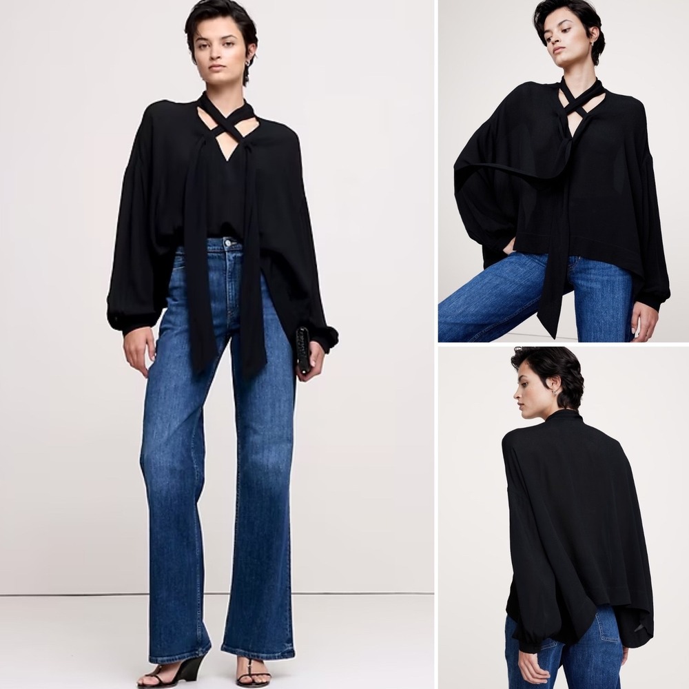 NWT‎ Banana Republic Georgette Cross Tie Trapeze Top Small Black Oversized Swing